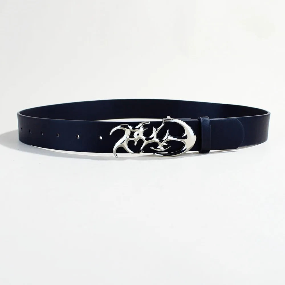 Silver buckle casual belt made from black PU leather with snap button fastening, 3.3cm wide