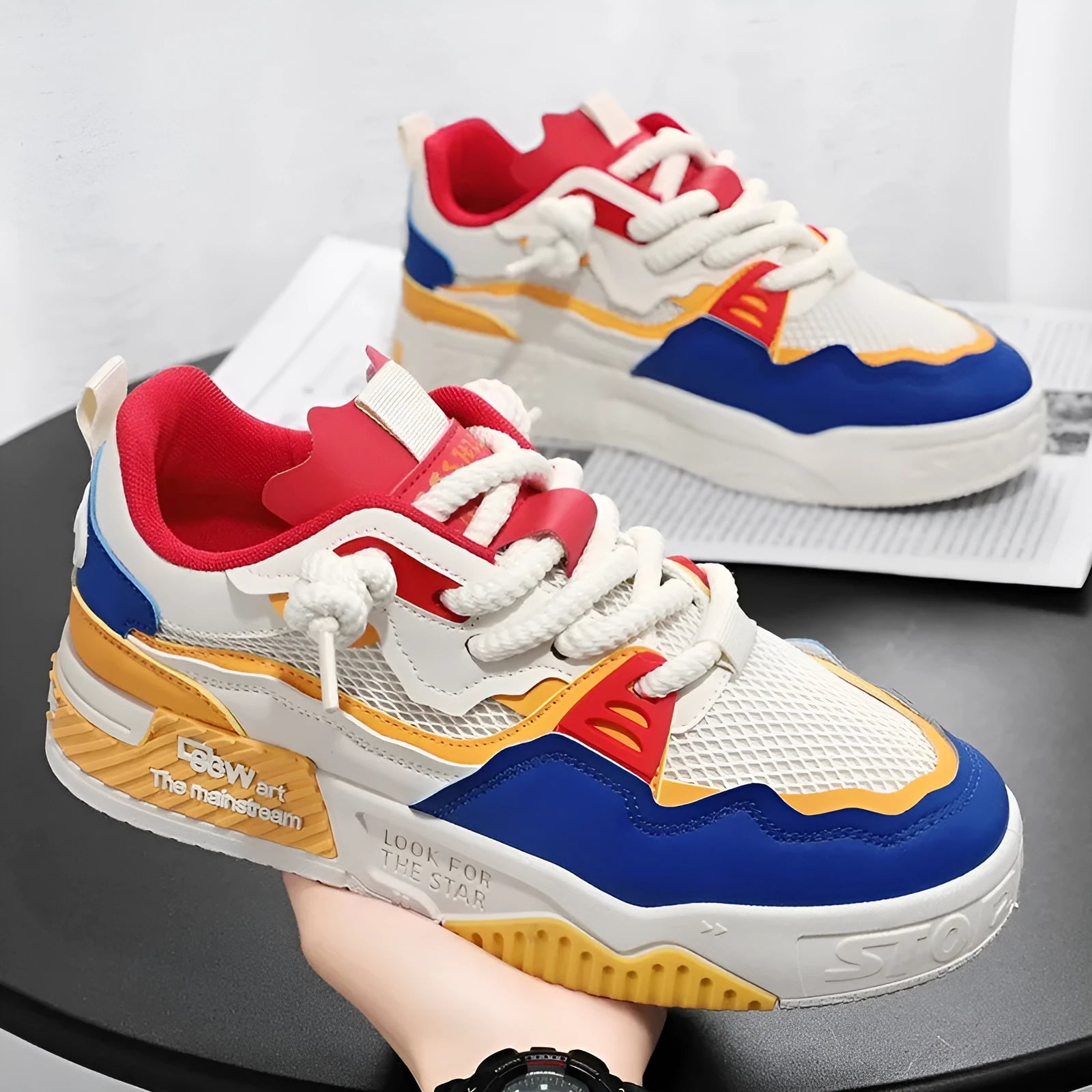 Men's low-top board shoes in white and yellow, white and black, and beige colourways with mesh lining