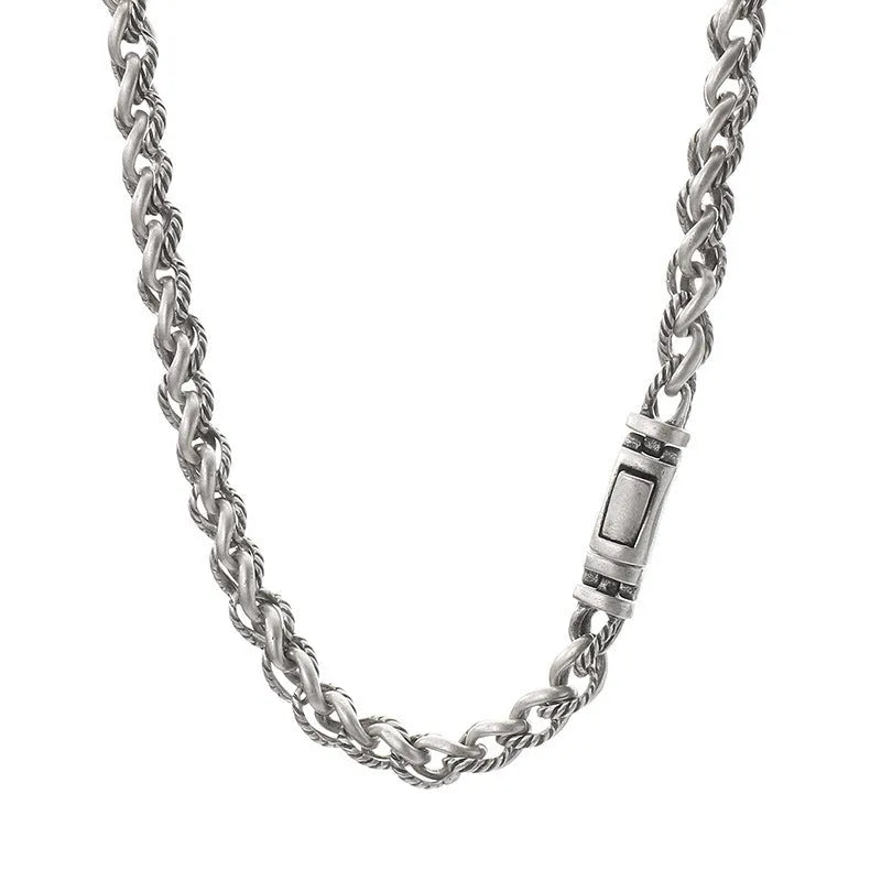 Men's antique silver keel chain necklace with geometric titanium steel links and hemp flower design