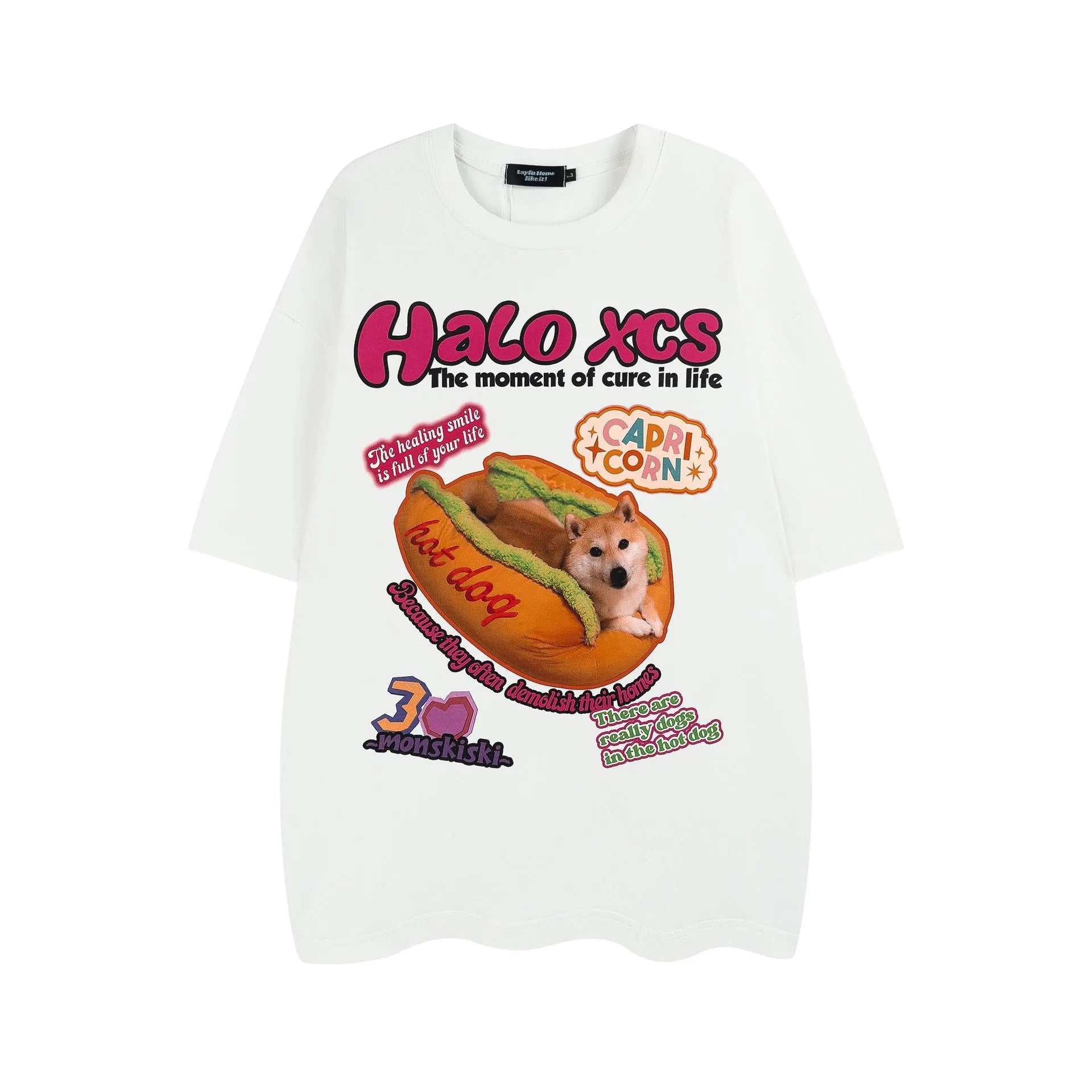 White loose-fit cotton t-shirt featuring a colourful cartoon print of a hamburger and a dog.