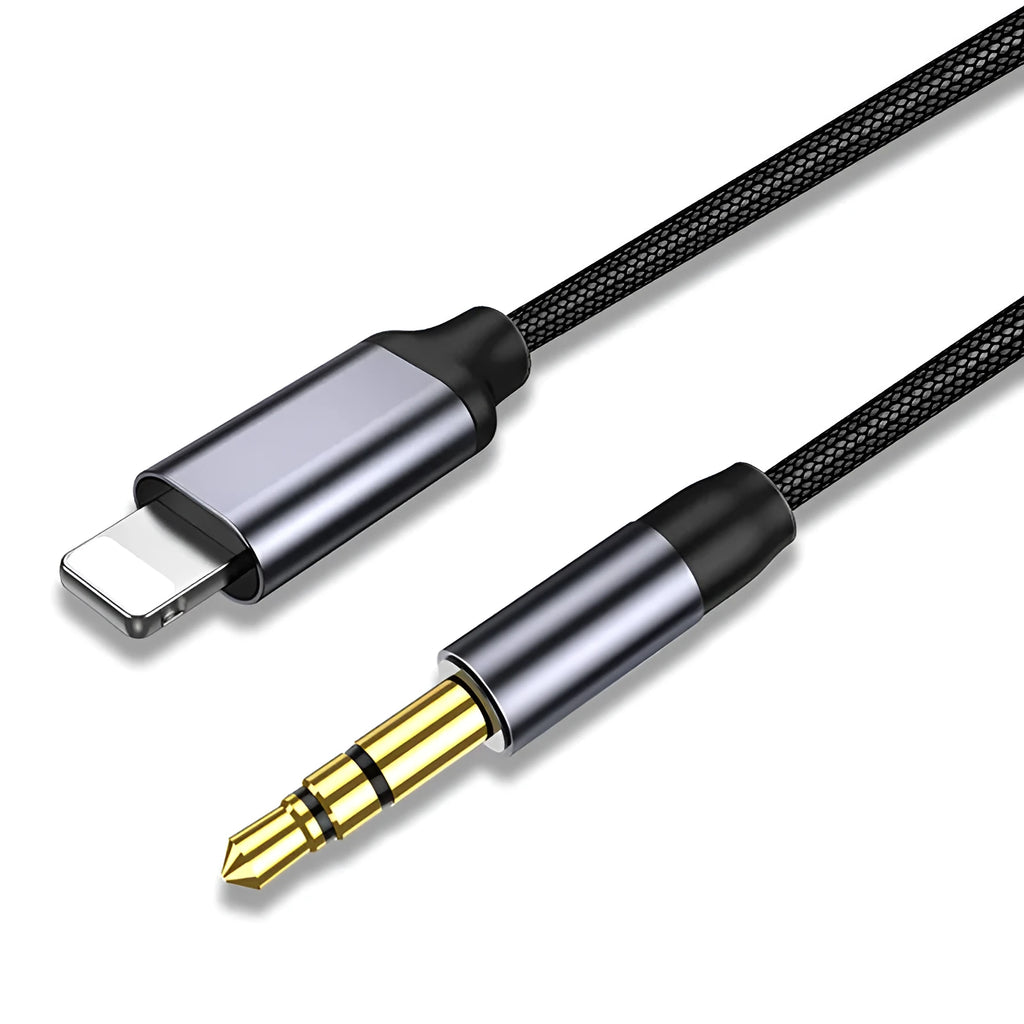 Nylon braided audio cable with 3.5mm connectors in silver or black colour