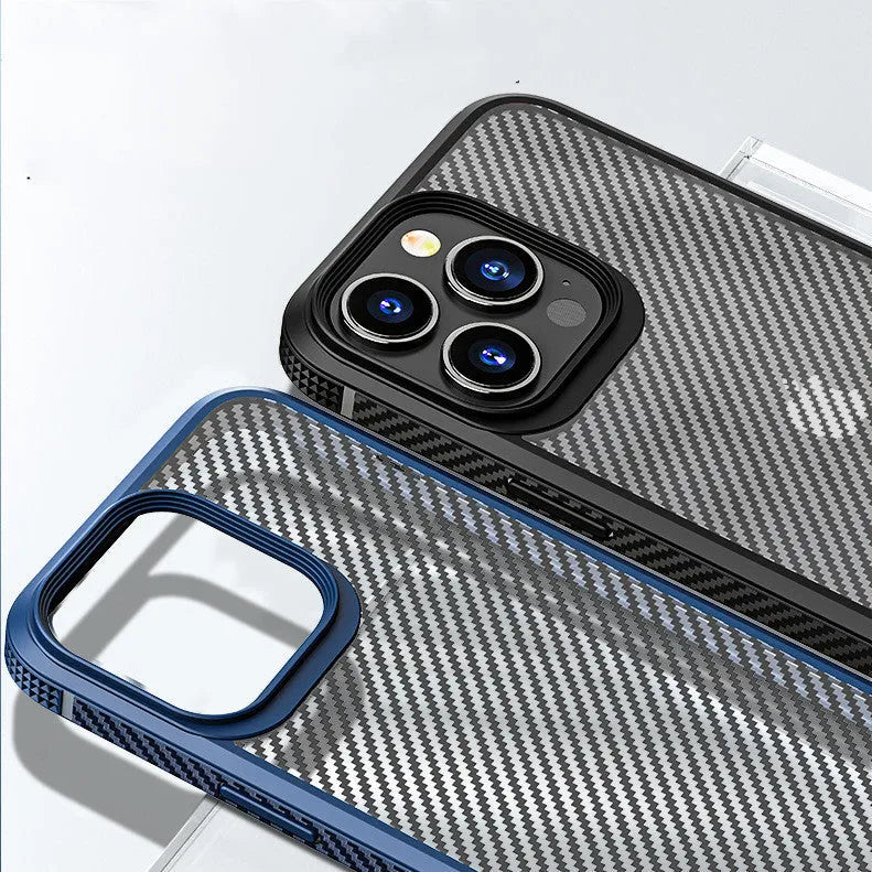 Black or blue iPhone 13 series phone case with a carbon fibre pattern on the back.