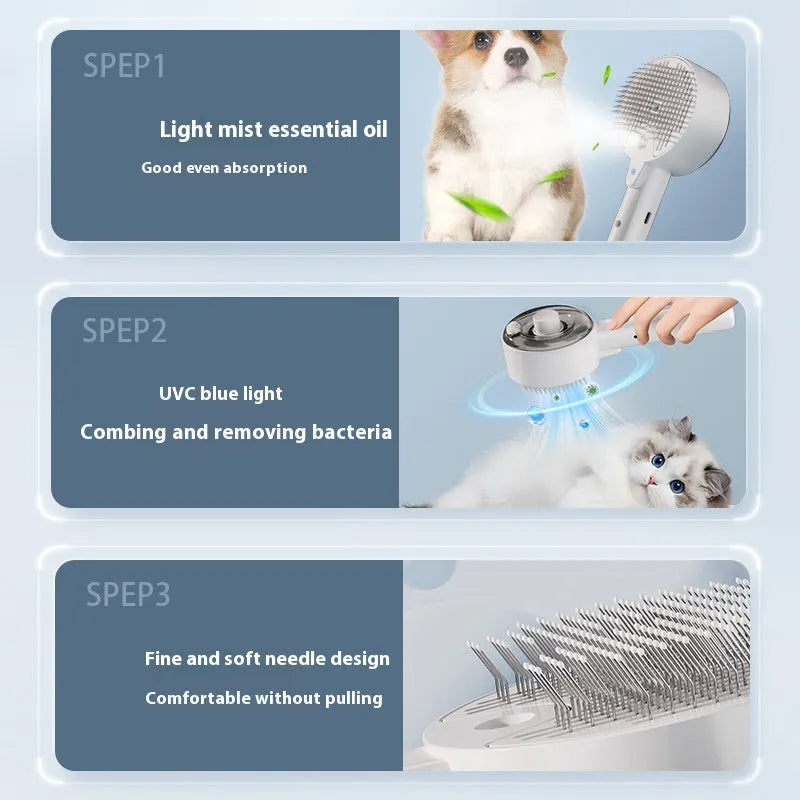 Ceramic white rechargeable pet grooming brush with UVC light, essential oil tank, and soft needles for dogs and cats