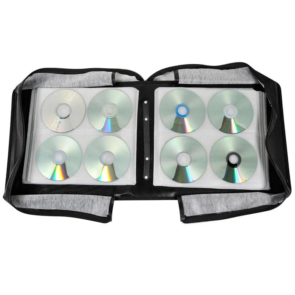 Black Oxford fabric CD storage organiser case with a zipper and top hand strap.
