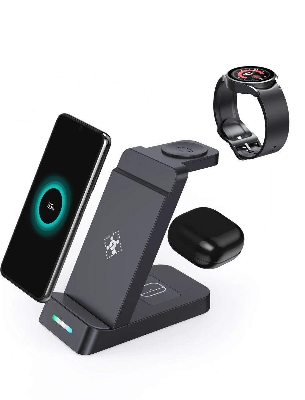 Black 3-in-1 wireless charging station for phone, Apple Watch, and AirPods on a desk