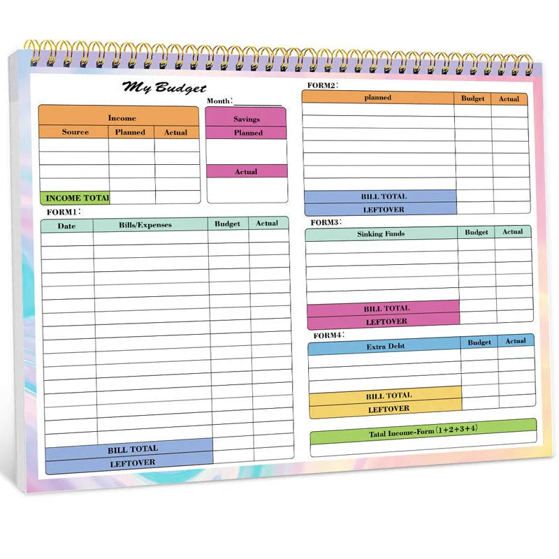 B5 size budget tally book with blue PP cover and silver spiral binding, open on a page ruled for income and expenditure.