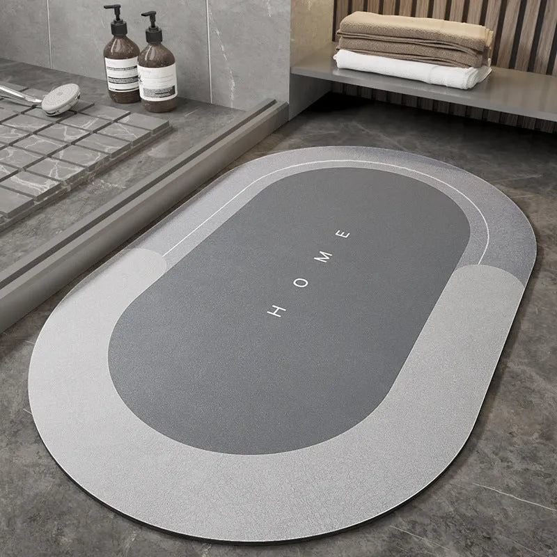 Blended fabric bathroom floor mat in blue colour, rectangular shape, on a tiled floor.