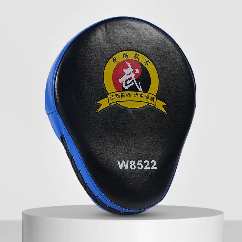 Boxing punch mitts set showing curved and flat hand target styles in red, black, blue, and yellow colour combinations.