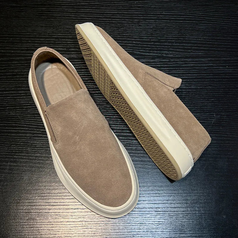 Men's grey and apricot casual shoes with round toe design and rubber sole