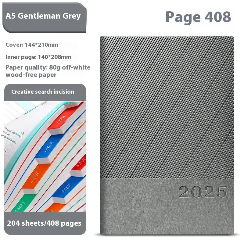 Office notepad with striped PU leather cover open showing 80g wood-free paper pages