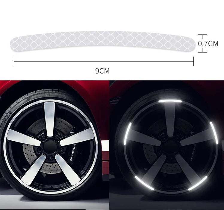 Pack of 20 arc-shaped reflective PVC stickers for car wheel hubs in various fluorescent and metallic colours