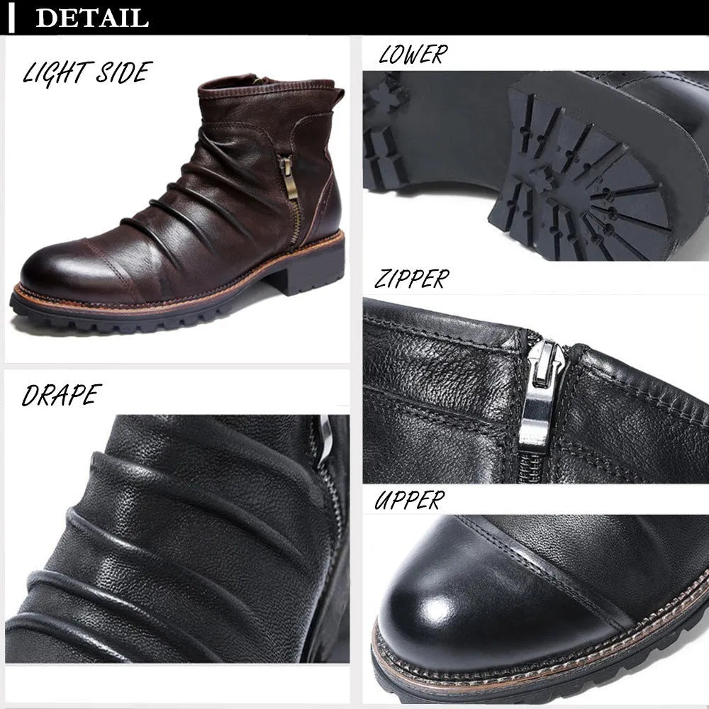 Black embossed PU cowboy boots with a side zipper and mid-height horseshoe heel on a plain background.