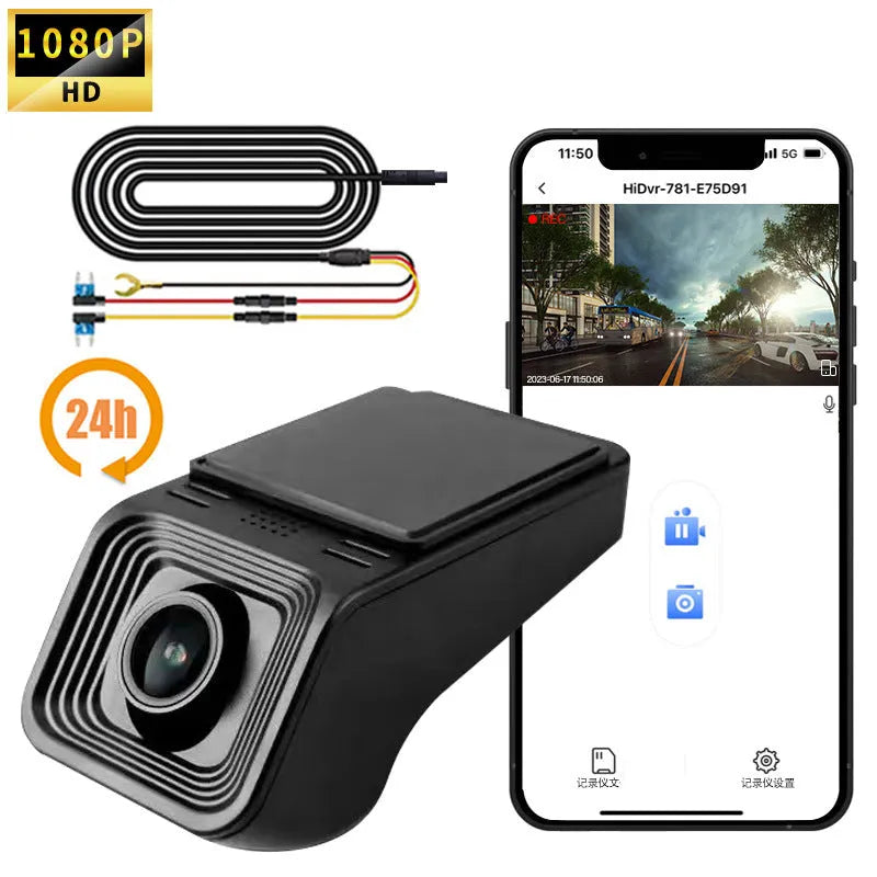 V4 ACC specification HD night vision driving recorder with 1080p camera and mobile app connectivity