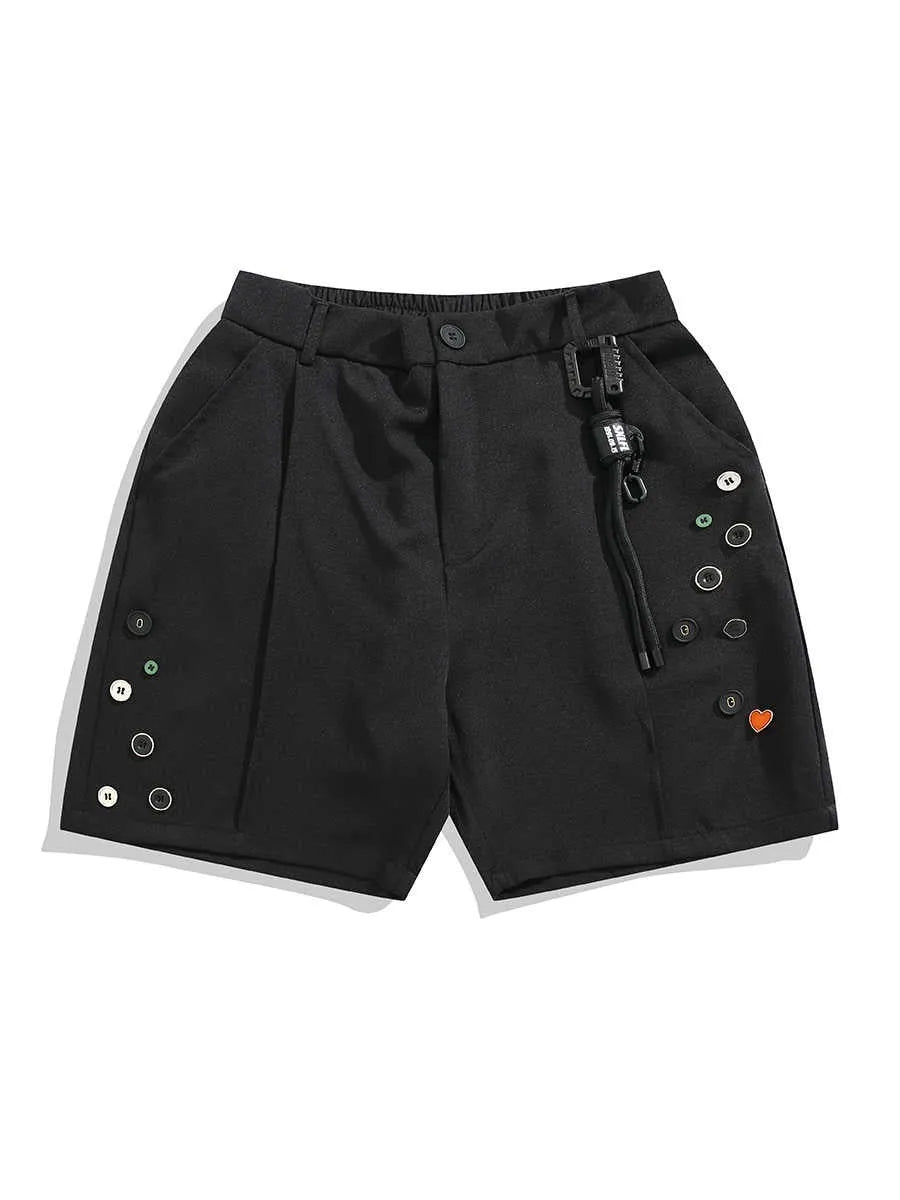 Men's black loose-fit semi-elastic casual shorts with button and zip fly, shown above the knee.