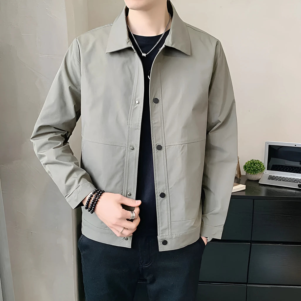 Men's single-layer Korean style jacket in black, blue gray, green gray, and light gray with long sleeves