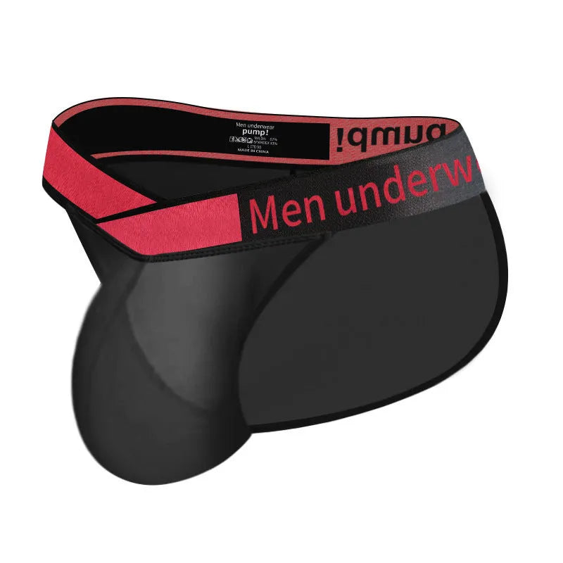 Men's transparent ice silk briefs with a large V-gradient cut and high fork design in red, black, or white.