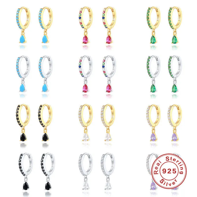 S925 sterling silver geometric water drop earrings with electroplated finish and decorative stones