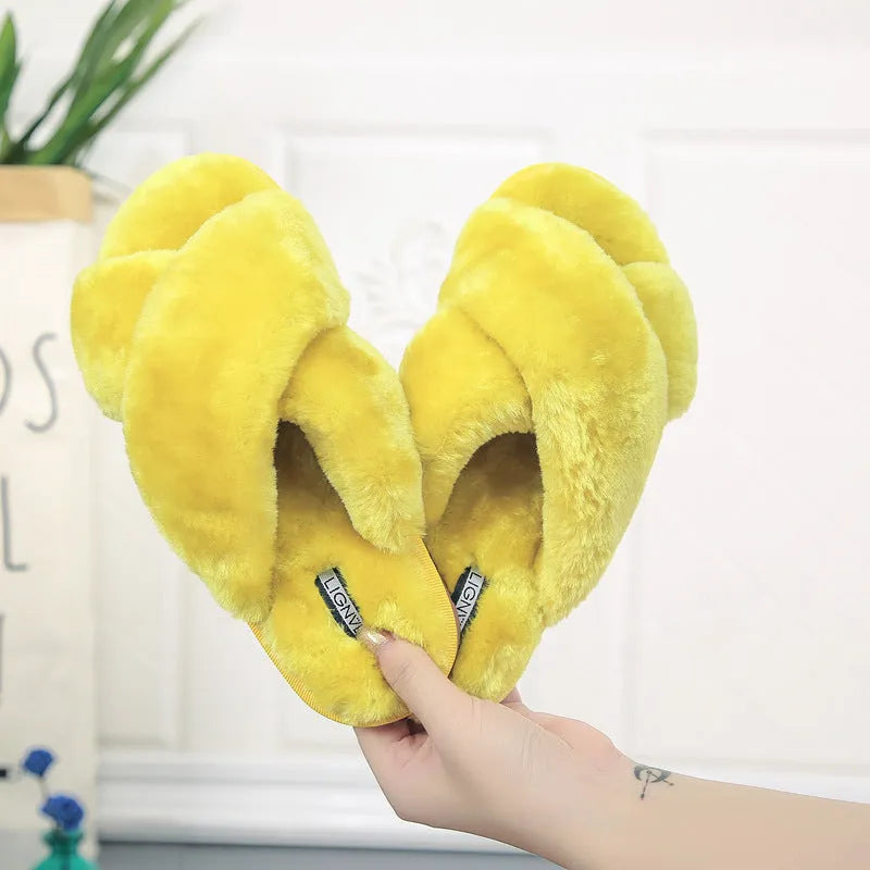 Cross open-toe fur slippers showing open-toe design and patterned non-slip sole