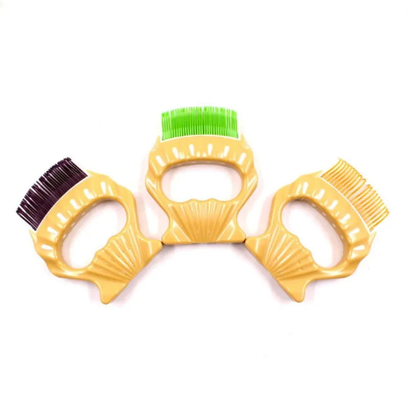Green shell-shaped pet slicker brush with bent wire bristles and anti-slip handle on a white background.