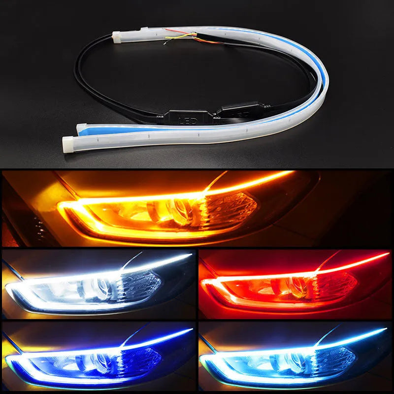 Flexible silicone car LED daytime running light strip with flowing turn signal in multiple length options