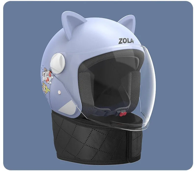 Blue winter electric bicycle helmet with attached ear scarf and a clear anti-fog visor.