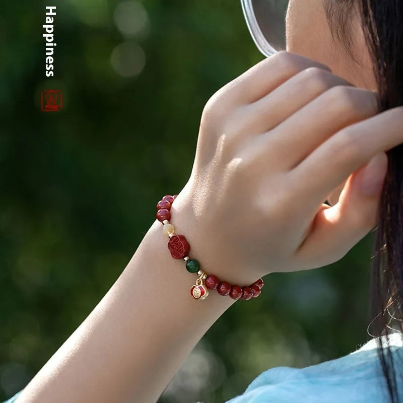 Emperor Sandstone cinnabar bracelet with fu character design in New Chinese style