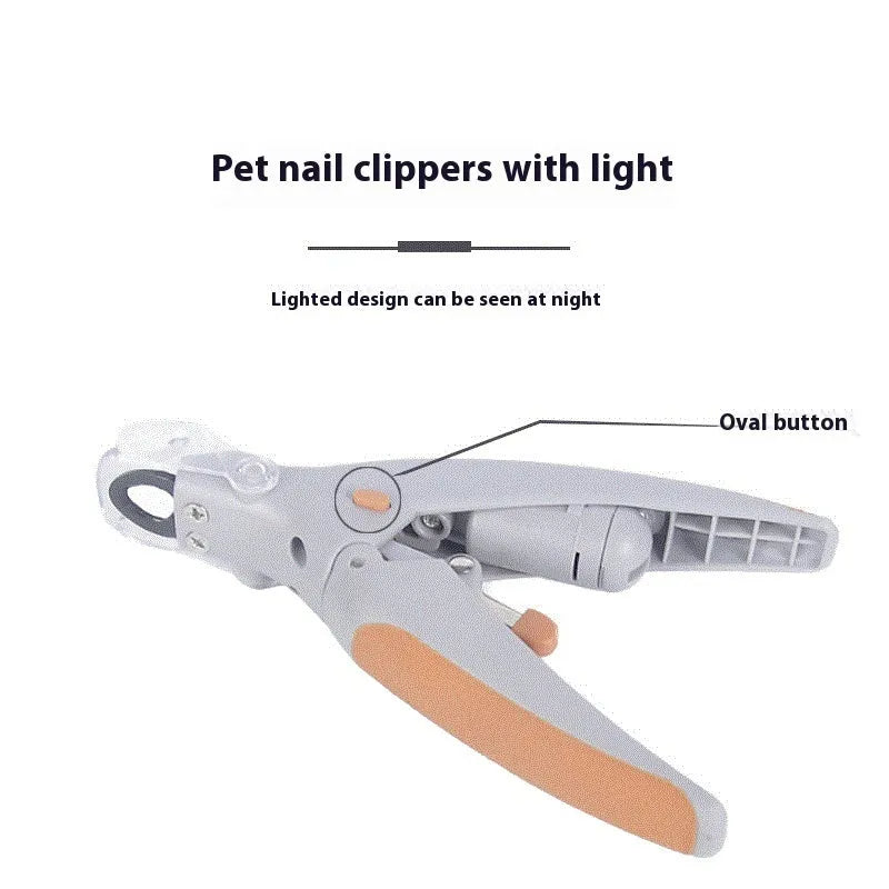 LED dog nail clipper with illuminated tip and visual blood line guide on a white background.