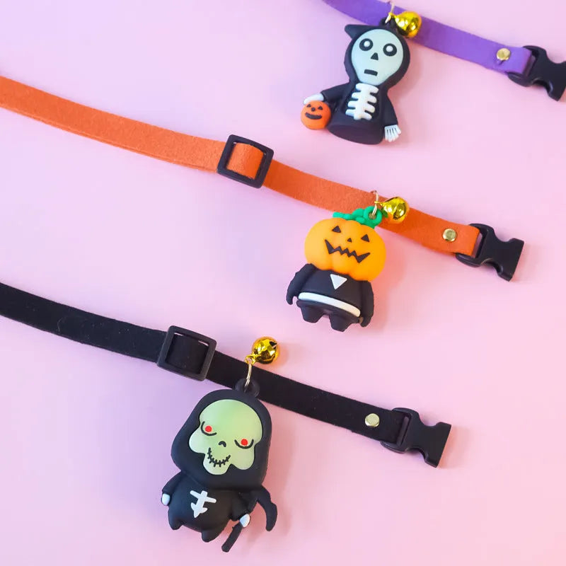 Halloween dog collar decoration showing luminous brat, luminous skull, and pumpkin man patterns with adjustable sizing