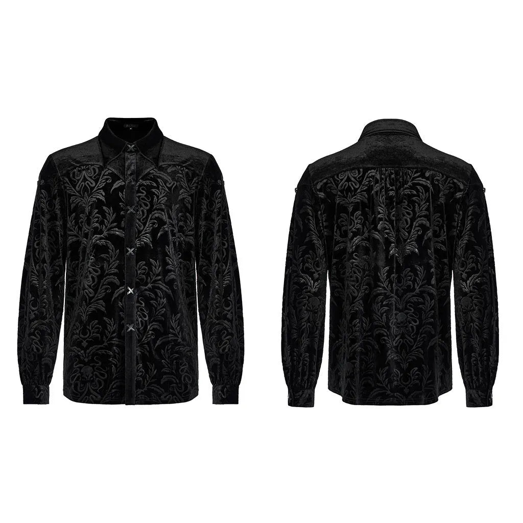 Black Gothic-style men's velvet shirt with a pointed collar and long sleeves on a hanger