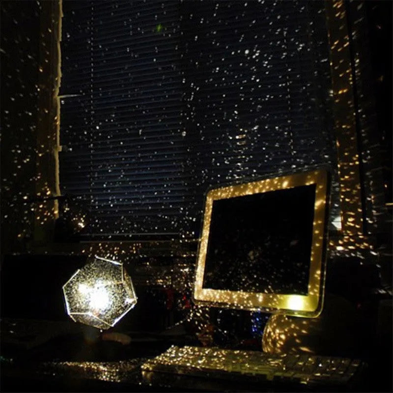 LED star projector showing constellation patterns on a ceiling, with remote control.