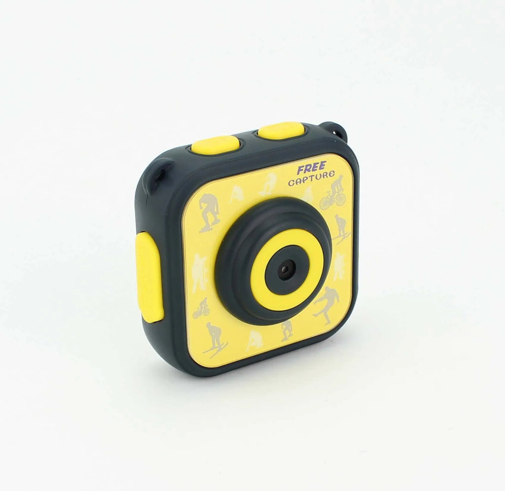 Yellow children's waterproof sports camera showing 1.77-inch screen and compact 60mm size
