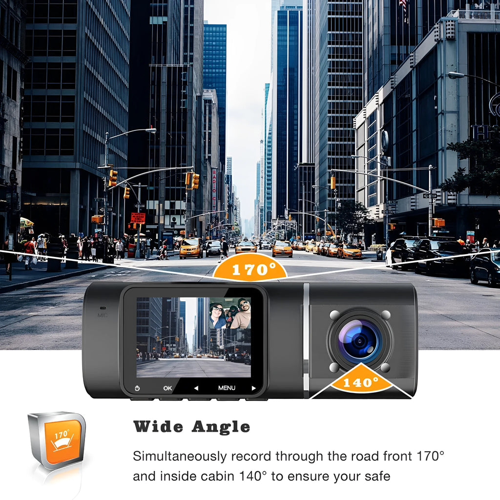 Standard black dashcam for car with front and rear recording, shown with 1.5-inch screen.