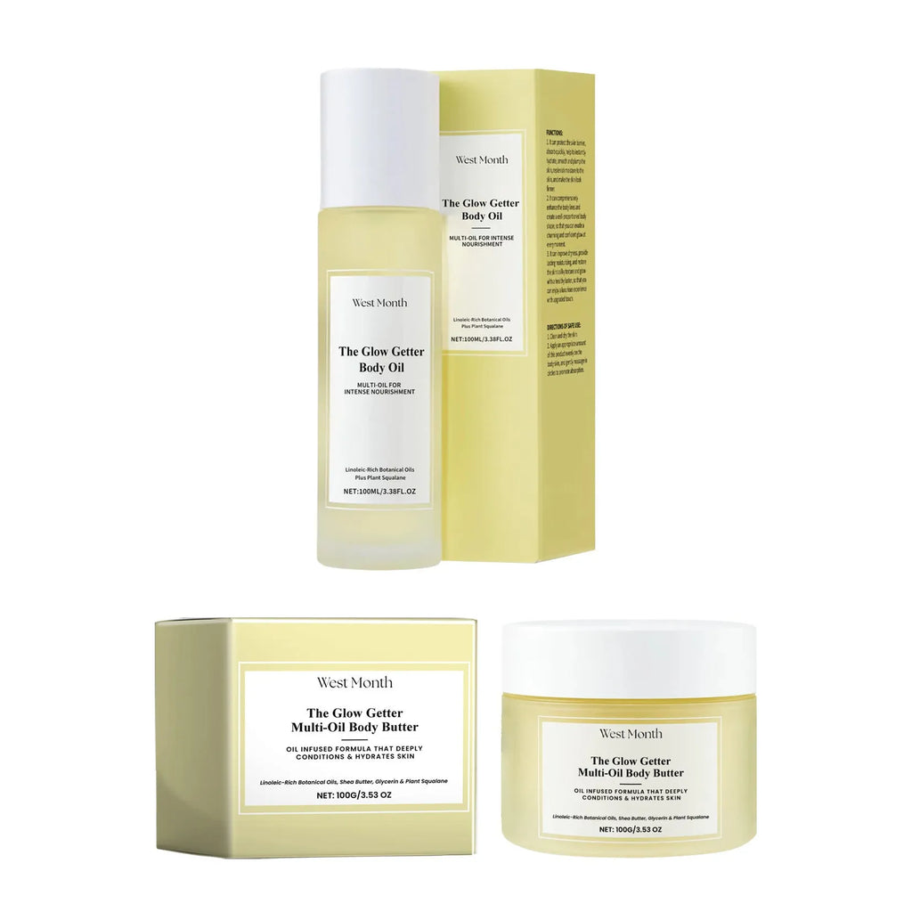 Body care kit with 100ml skincare oil and 100g moisturising cream in packaging