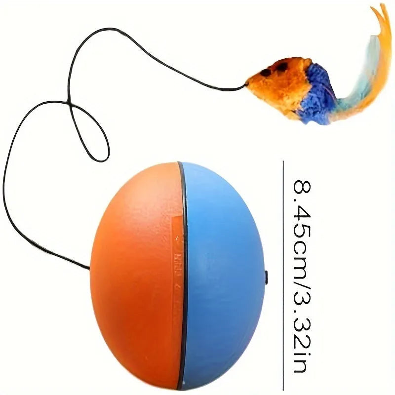 Blue and orange interactive cat toy ball with plush mouse attachment for feline exercise