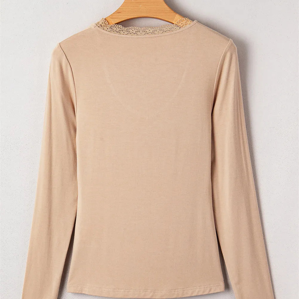 Women's solid colour long sleeve casual top with lace trim in red or skin tone, slim fit pullover style