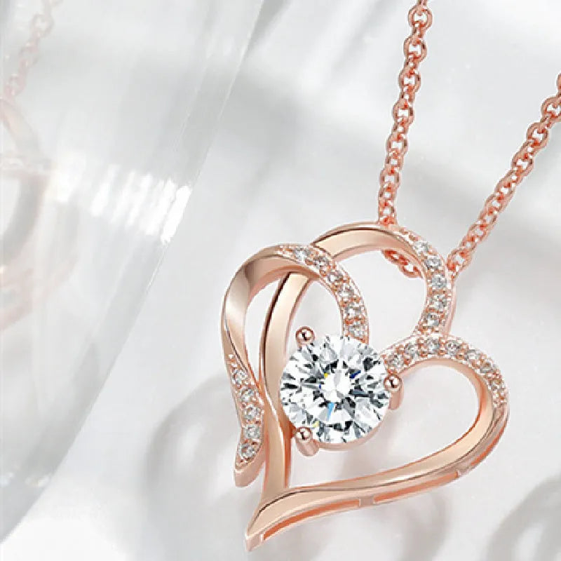 Women's 925 silver heart pendant necklace with diamond treatment in gold plating options