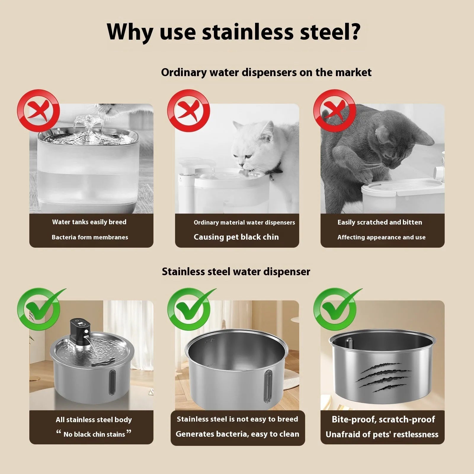 White stainless steel cat water fountain with nine-gear constant temperature heating base for dogs and cats