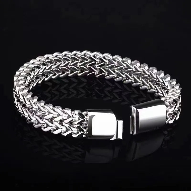 Geometric stainless steel hip hop bracelet showing front and back design with titanium steel construction