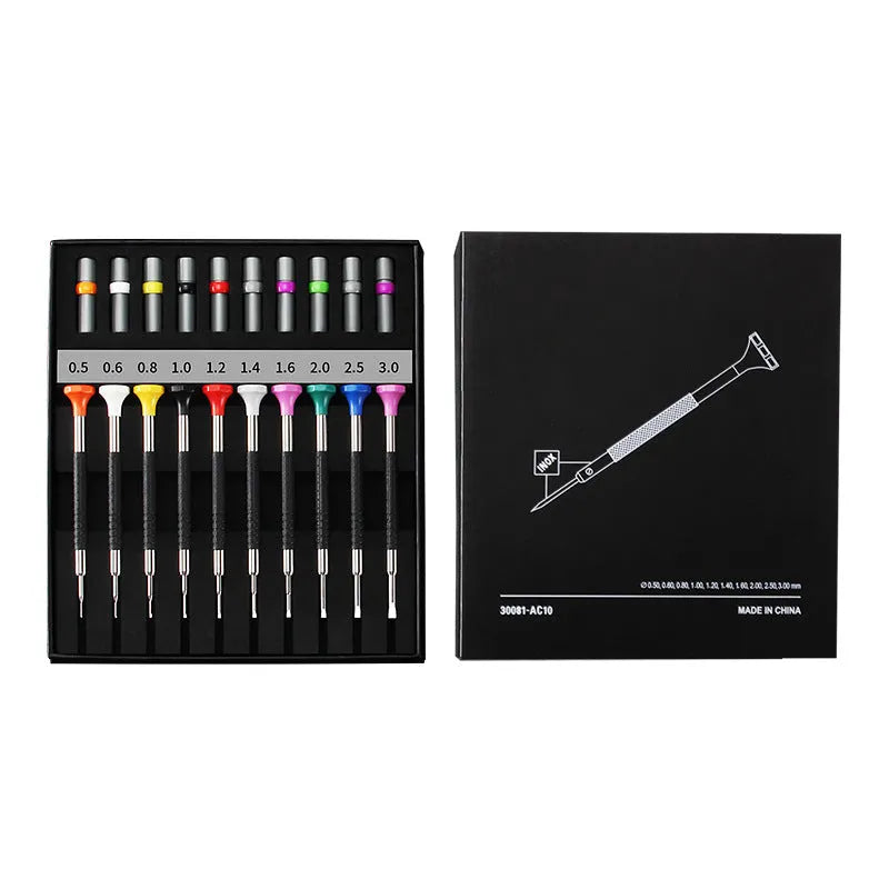 Watch repair screwdriver set with 10 pieces and 20 spare bits in boxed cross format