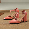 Retro pointed Mary Jane shoes with hollow design in dark brown and pink featuring cowhide upper and buckle strap
