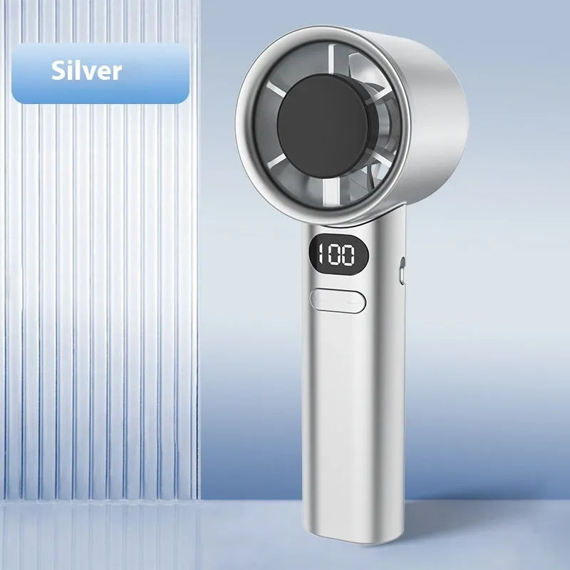 Compact handheld fan with 120 speeds and brushless motor available in green khaki silver and white