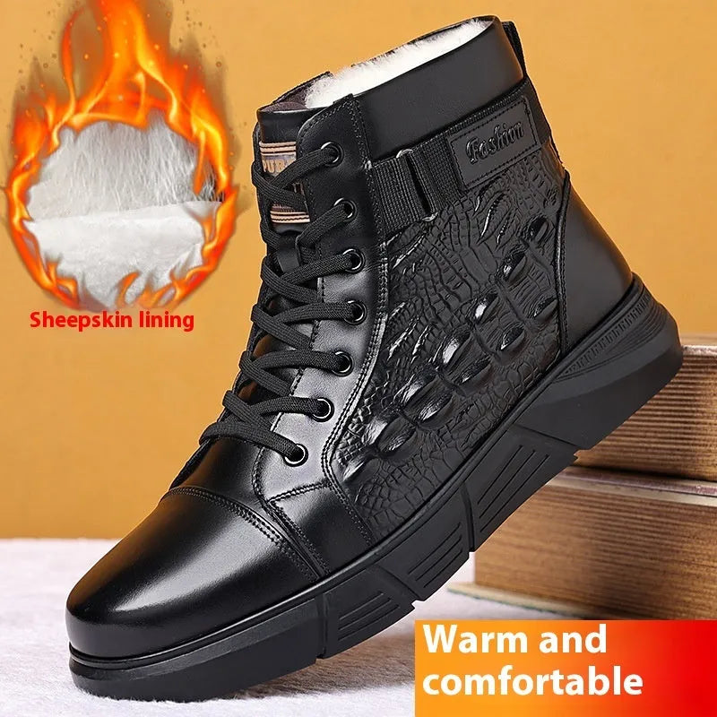 Black and brown genuine leather snow boots with fur lining, round toes, and lace-up fronts on a rubber non-slip sole.