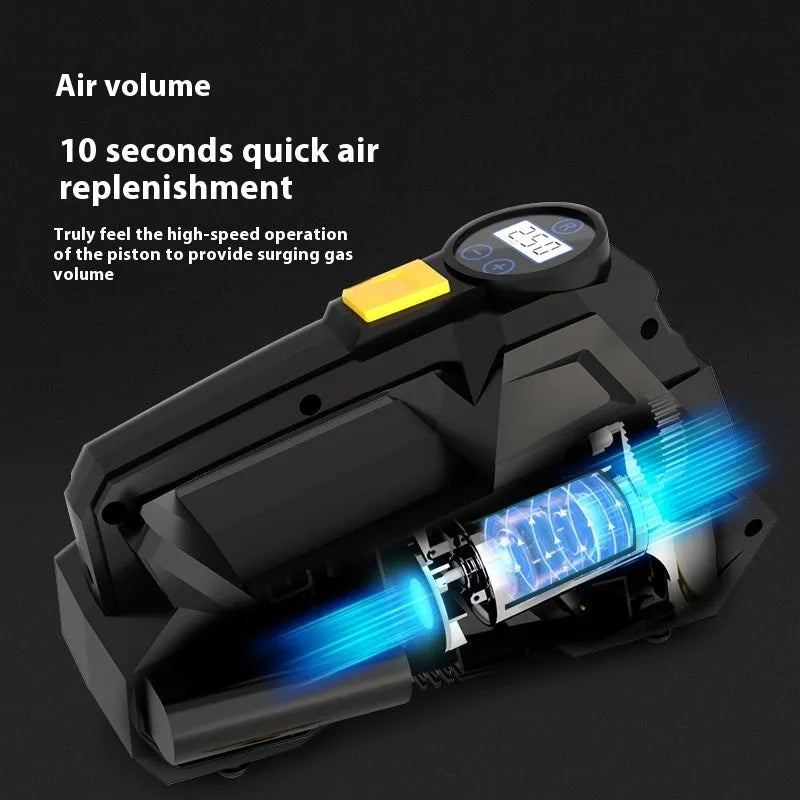 Black portable electric tyre inflator with digital display for vehicle tyre pressure maintenance