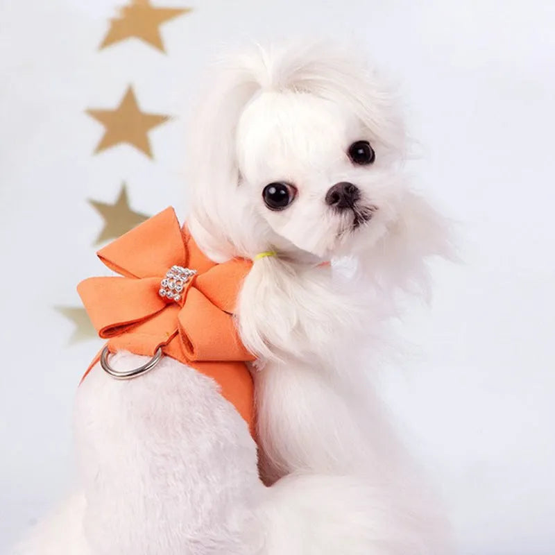 Puppy chest strap harness with bowknot design in microfiber, available in pink, blue, and orange colours