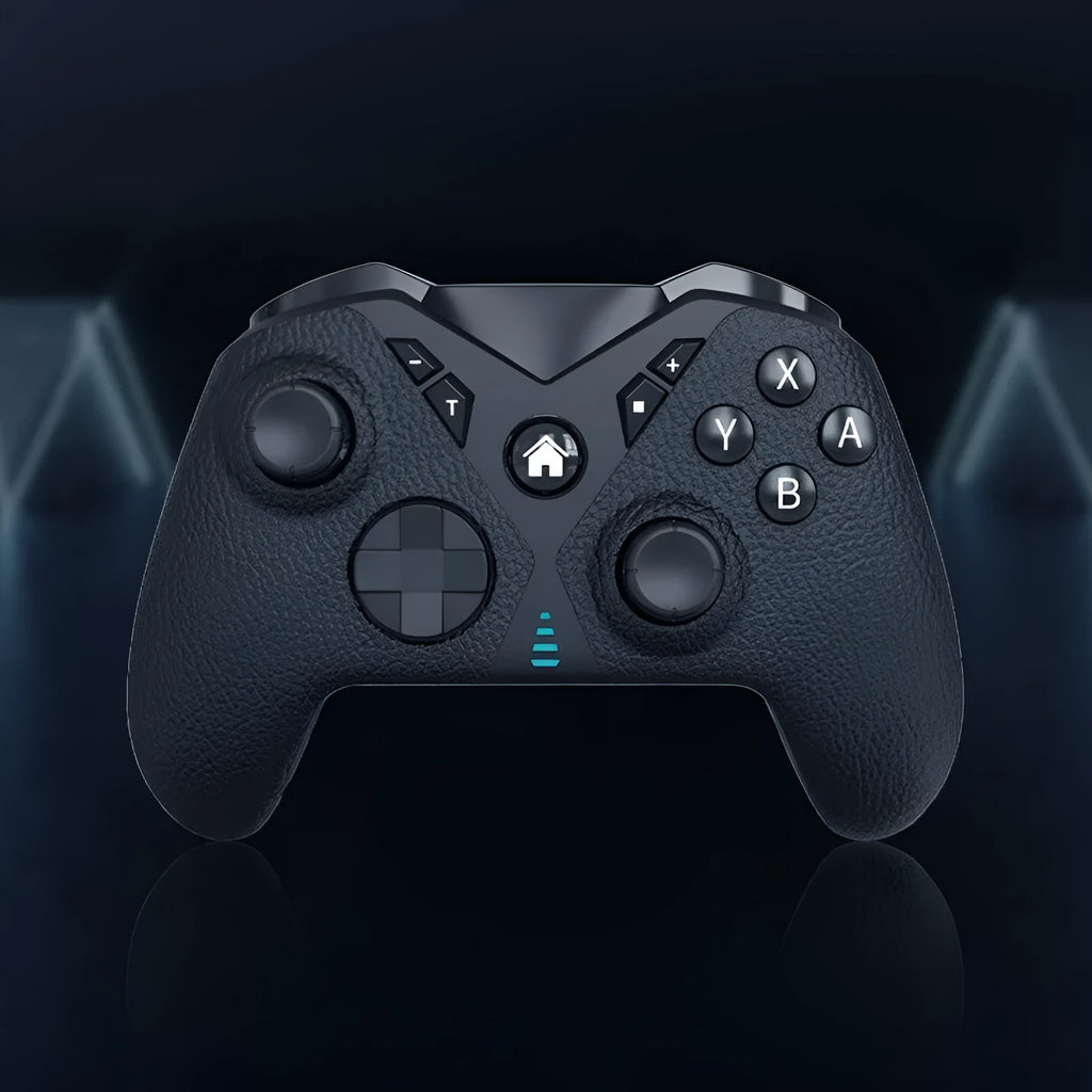 Black wireless game controller with leather-textured grips for Nintendo Switch gaming