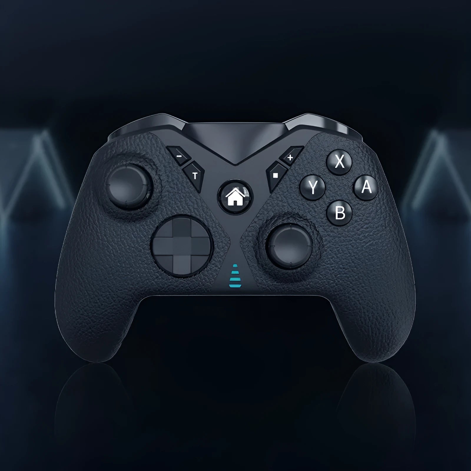 Black wireless game controller with leather-textured grips for Nintendo Switch gaming