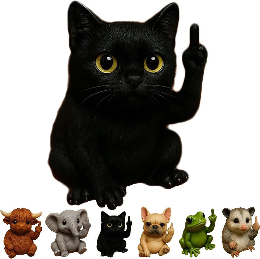 Mini resin animal doll making a middle finger gesture, shown in dog, cat, elephant, frog, highland cattle, mouse, and turtle styles.