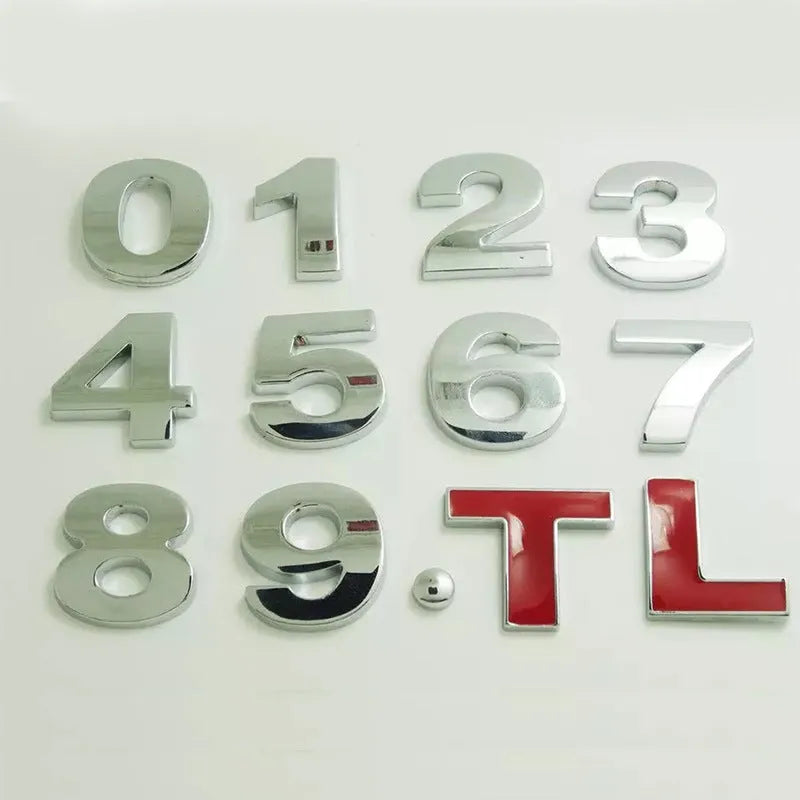 Zinc alloy metal car letter stickers showing A to Z alphabet in 2.5cm size for bumper personalisation