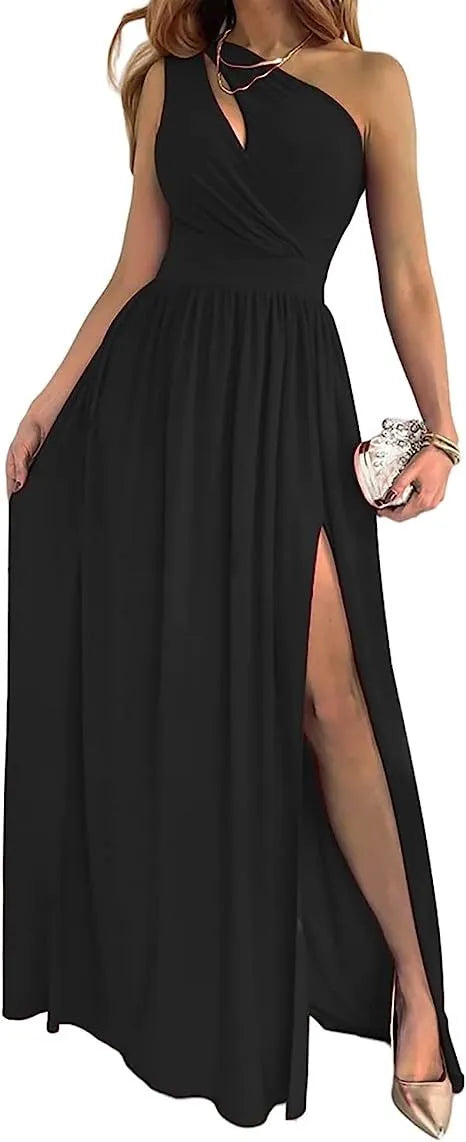 Women's apricot one shoulder high split maxi dress with cutout detail, sleeveless design