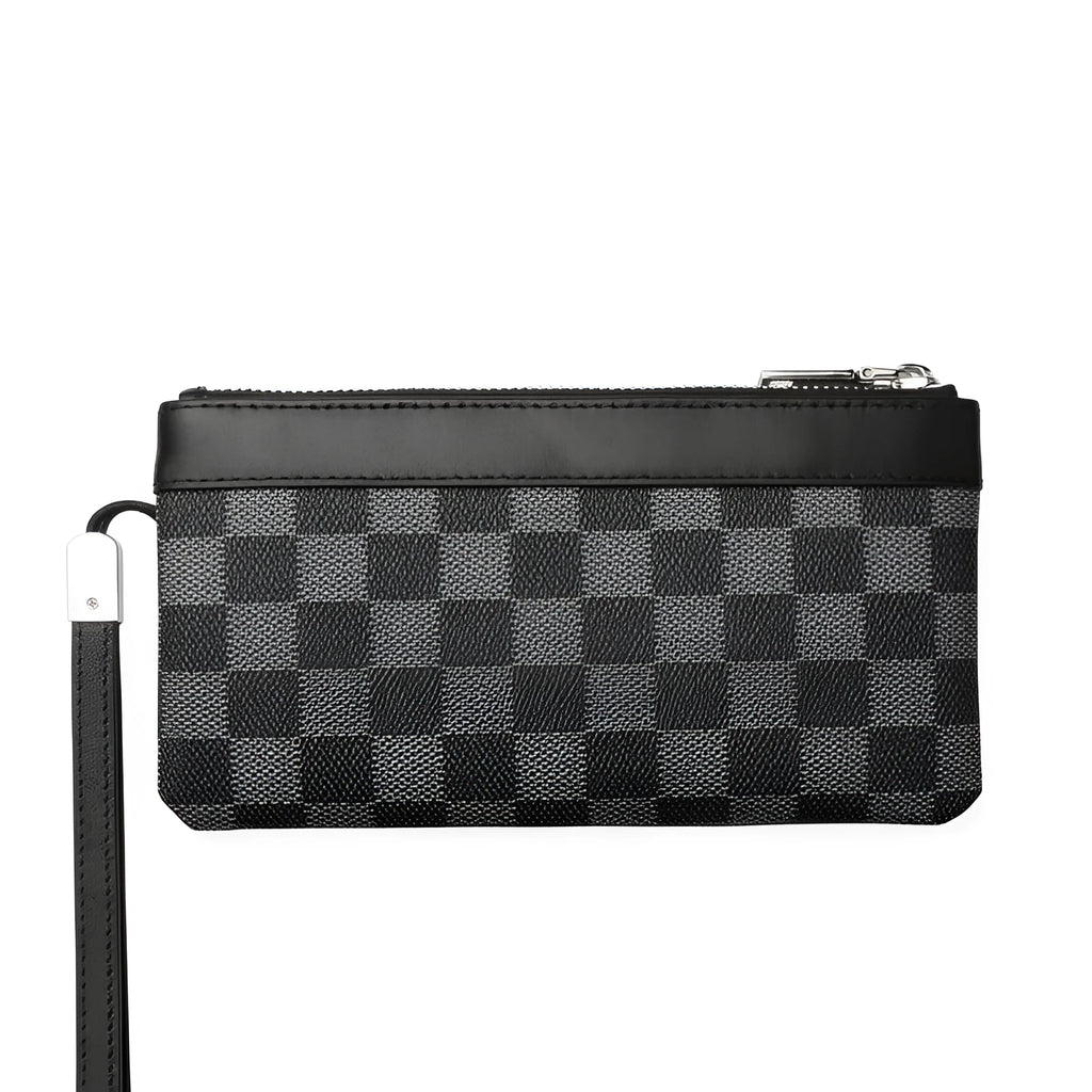 Black leather plaid men's wallet showing cowhide texture and compact 20cm size